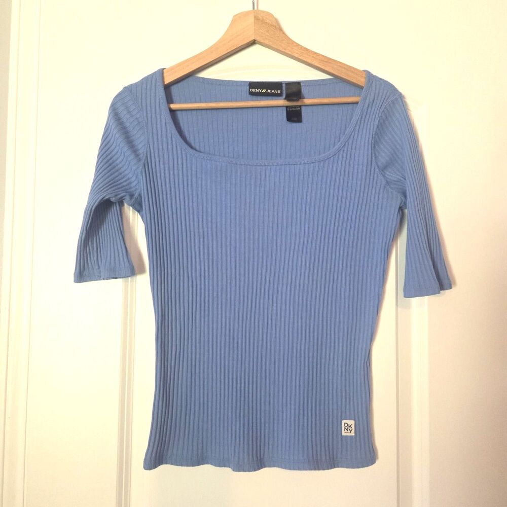 DKNY Size Medium Women's Square Neck 3/4 Sleeve Top Blue